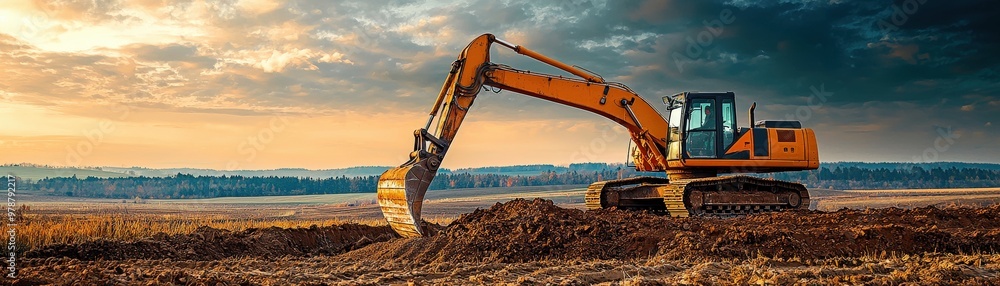 The scene shows an excavator at work on a peaceful rural site, its ...