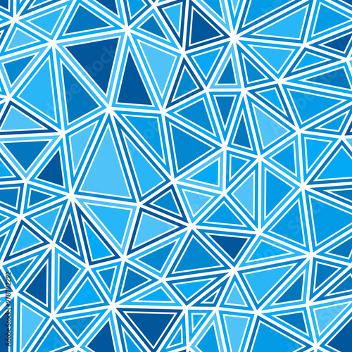 Background with triangles pattern. Medium triangles size. Solid shapes in frames. Mono tone colored style. Repeatable pattern. Classy vector tiles. Blue Gradient Shift.