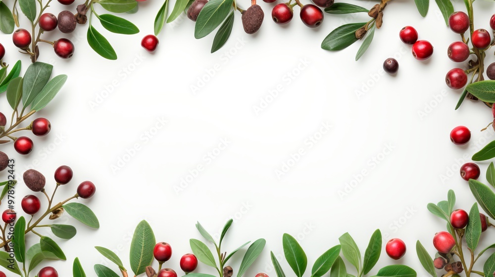 Colorful arrangement of berries and leaves on a white background ideal for seasonal decoration Colorful arrangement of berries and leaves on a white background ideal for seasonal decoration