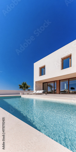 Modern white villa with a swimming pool under a clear blue sky overlooking the ocean during a sunny day