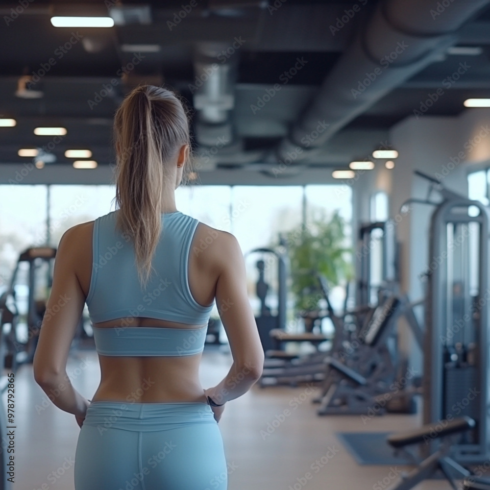 Obraz premium fit, slender woman in light blue walking through a gym observing the various machines, calm and serene. 