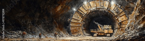 A dramatic scene of a tunnel boring machine at work, its cutting head illuminated by powerful lights as it trenches through a challenging blend of earth and rock. watercolor illustration