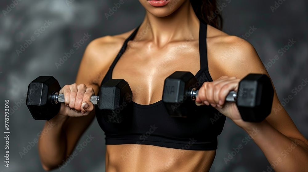 Fototapeta premium Close up of a stunning fitness model exercising with dumbbells against a neutral gray backdrop