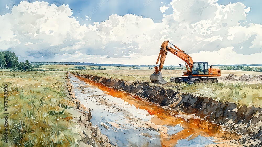 A rural site is depicted with an excavator digging a long trench for a pipeline, the tranquil surroundings and isolation emphasizing the scale and importance of the construction project. watercolor A rural site is depicted with an excavator digging a long trench for a pipeline, the tranquil surroundings and isolation emphasizing the scale and importance of the construction project. watercolor