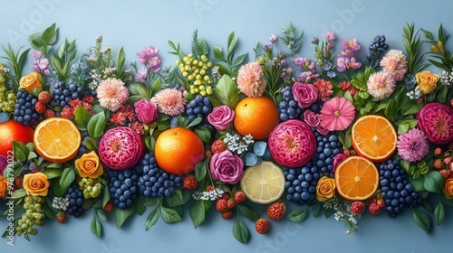 Vibrant Fruit and Flower Wall Art with Bright Oranges, Blueberries, Grapes, and Elegant Flowers.