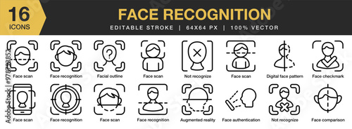 Face recognition icon set. Editable Stroke Icon Collection. Includes scan, facial, digital, comparison, and More. Outline icons vector collection.