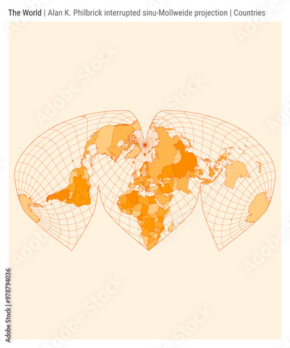 World Map. Alan K. Philbrick interrupted sinu-Mollweide projection. Countries style. High Detail World map for infographics, education, reports, presentations. Vector illustration.