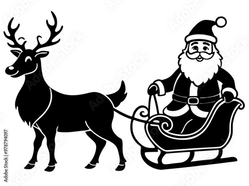 Happy Santa Claus with his sleigh and reindeer. christmas vector black isolated on white background