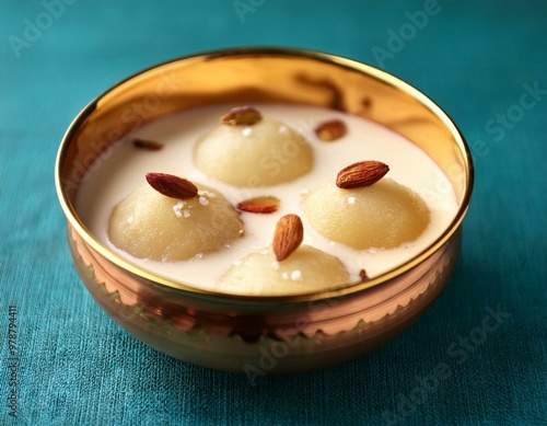 front view of tempting Rasmalai in a golden dessert bowl photo