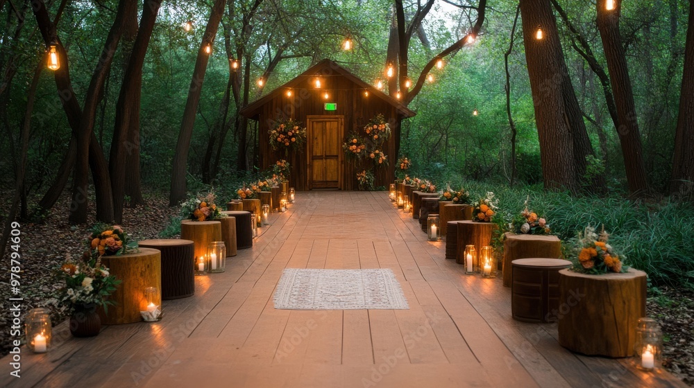 Obraz premium Rustic Wedding Ceremony Setting Amidst Lush Greenery