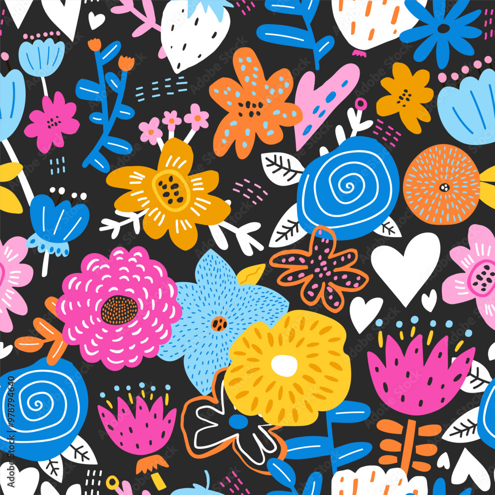 Naklejka premium Seamless floral creative pattern. Botanical hand drawn flowers dark texture for fabric, textile. Vector illustration