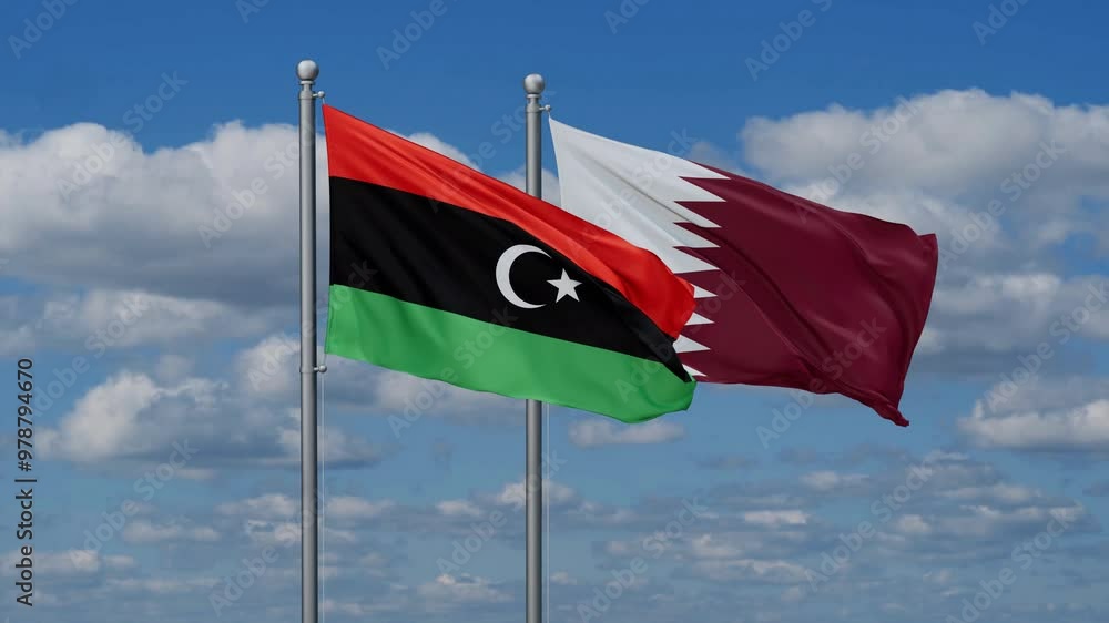 Qatar and Libya flags flying together, video concept of the relationship, two country cooperation concept Qatar and Libya flags flying together, video concept of the relationship, two country cooperation concept