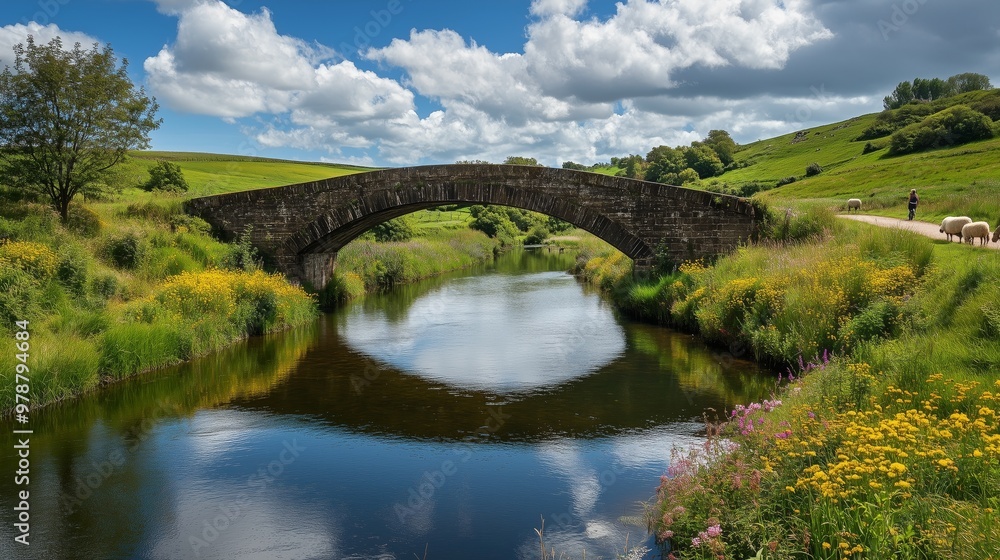 A charming bridge over a river in Yorkshire, surrounded by hills, sheep, and cyclists. A charming bridge over a river in Yorkshire, surrounded by hills, sheep, and cyclists.