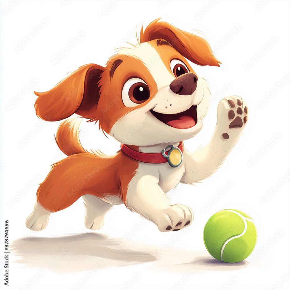 a cute cartoon style dog playing with a tennis ball a cute cartoon style dog playing with a tennis ball