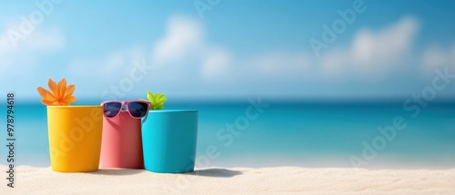 Tranquil Beach Scene with Colorful Buckets and Sunglasses on Sandy Shoreline.