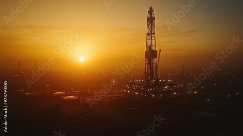 The early morning sky glows softly with the first light of dawn, casting a golden hue over a drilling rig silhouetted against the horizon, highlighting the expanse of the oil field. realistic photo