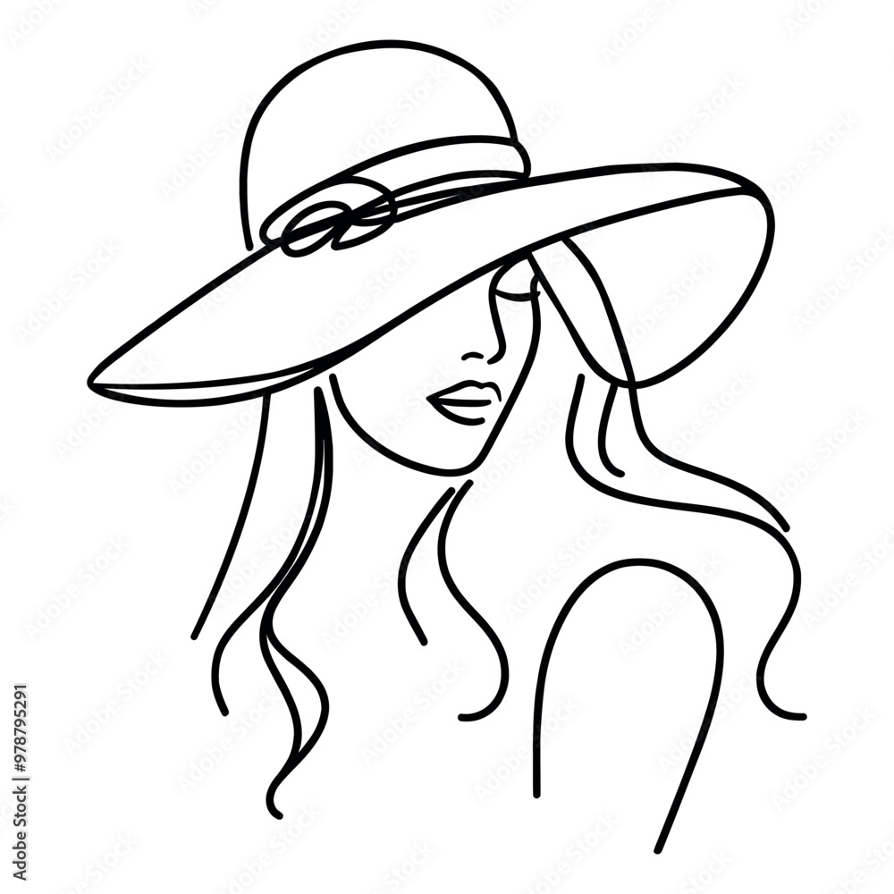 Elegant woman in a hat, continuous one line drawing. line art, vector. Daylight saving time concept Elegant woman in a hat, continuous one line drawing. line art, vector. Daylight saving time concept