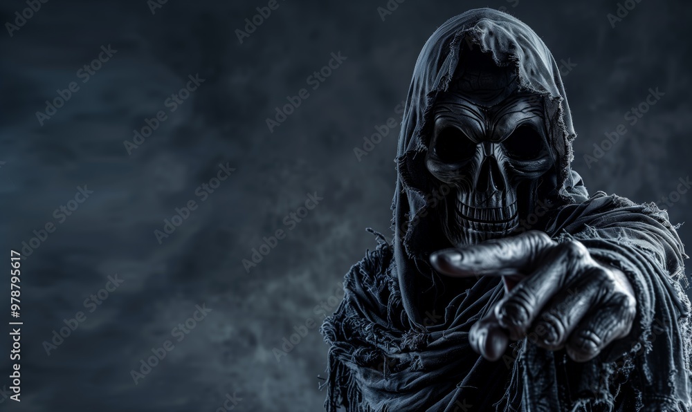 Grim reaper reaching towards the camera over dark background with copy space Grim reaper reaching towards the camera over dark background with copy space