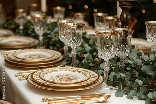 Elegant holiday table setting with crystal glassware and fine china photo