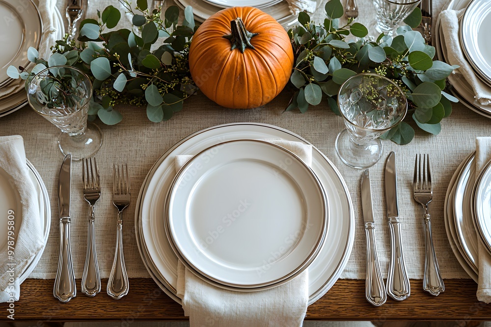 Elegant autumn table setting with pumpkin and eucalyptus decor Elegant autumn table setting with pumpkin and eucalyptus decor