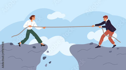 Business rivalry and competition. Office staff tug of war over precipice. Businessman overcome problems and difficulties. Company colleagues conflict. Pulling rope. Garish vector concept