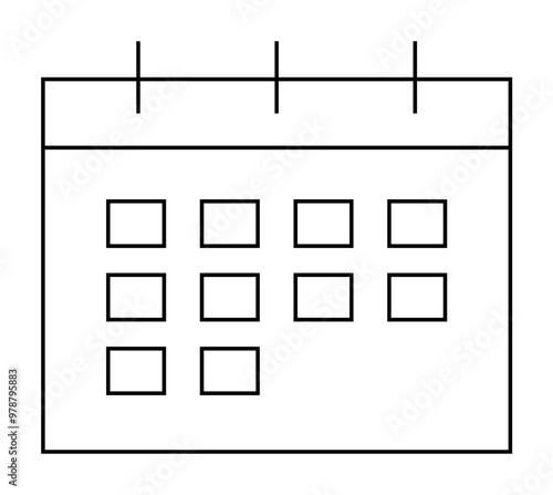 Black and white calendar featuring a grid layout with individual day squares and three hanging tabs. Ideal for organization, planning, schedules, events, and time management. Clear and minimalistic de