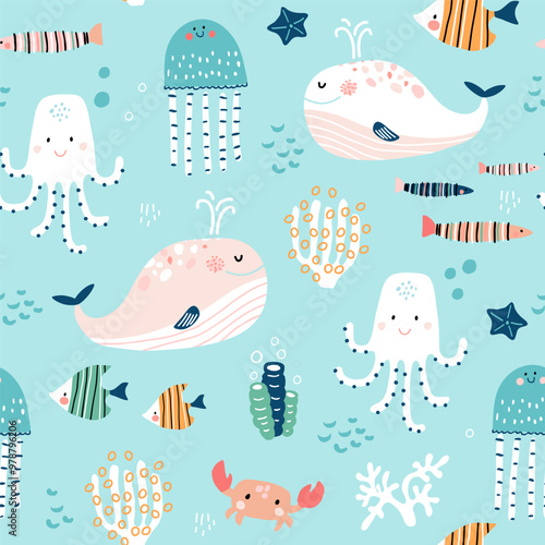 Childish seamless pattern with undersea animals. Marine cartoon creatures background for fabric, textile, digital papers. Vector illustration