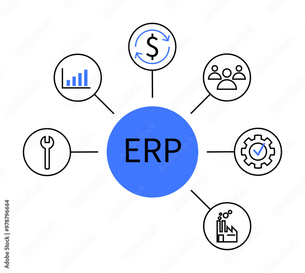 This visual showcases an ERP central hub linked to icons representing finance, human resources, production, tools, analytics, and settings. Ideal for business, management, finance, production, and too This visual showcases an ERP central hub linked to icons representing finance, human resources, production, tools, analytics, and settings. Ideal for business, management, finance, production, and too