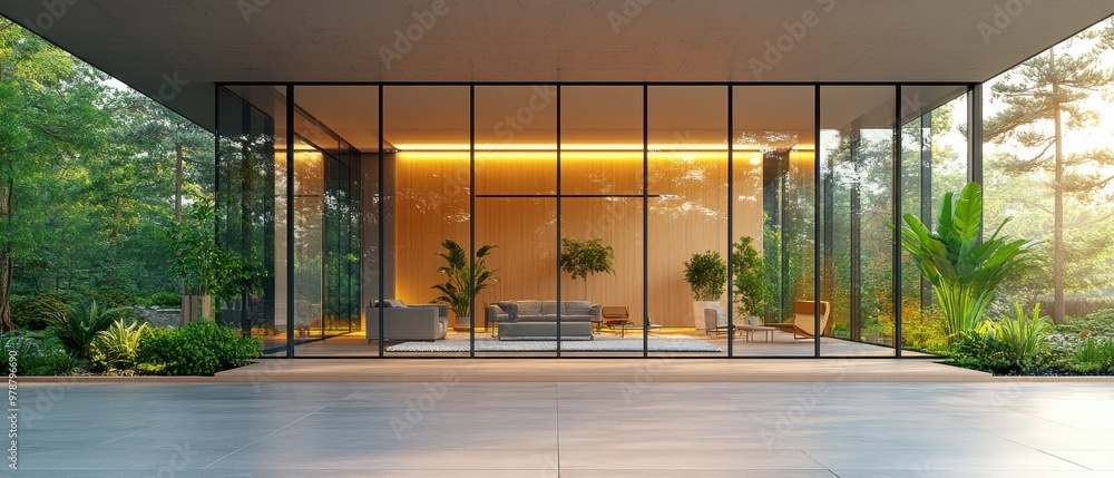 Fototapeta premium Modern Corporate Building with Glass Facade and Lush Urban Landscape