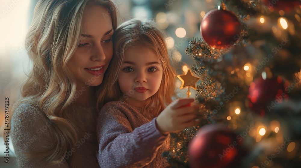 Mother and Daughter Decorating a Christmas Tree with Star Ornament, Sharing a Warm Family Moment in a Cozy Holiday Setting Mother and Daughter Decorating a Christmas Tree with Star Ornament, Sharing a Warm Family Moment in a Cozy Holiday Setting