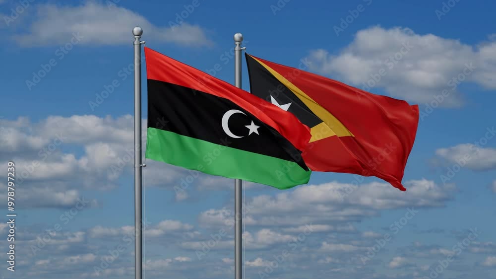 East Timor and Libya flags flying together, video concept of the relationship, two country cooperation concept East Timor and Libya flags flying together, video concept of the relationship, two country cooperation concept