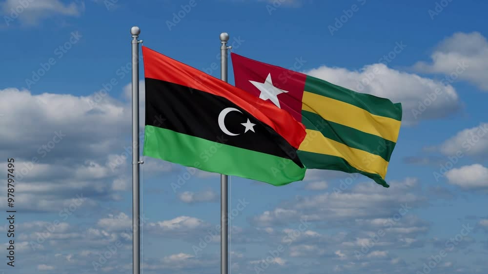 Togo, Togolese Republic and Libya flags flying together, video concept of the relationship, two country cooperation concept Togo, Togolese Republic and Libya flags flying together, video concept of the relationship, two country cooperation concept
