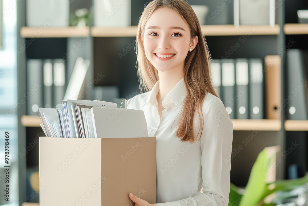 Confident young professional woman carrying office supplies in modern workspace, smiling brightly amid corporate environment. Confident young professional woman carrying office supplies in modern workspace, smiling brightly amid corporate environment.