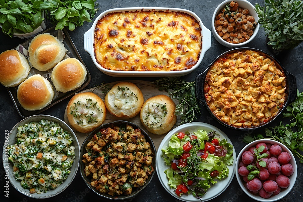 Delicious thanksgiving feast with casseroles, bread rolls, and fresh vegetables Delicious thanksgiving feast with casseroles, bread rolls, and fresh vegetables