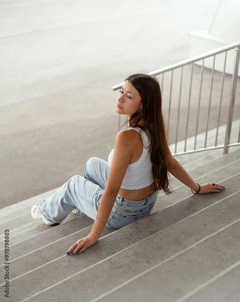 Fototapeta premium Portrait of a beautiful young woman sitting on the stairs outdoors.