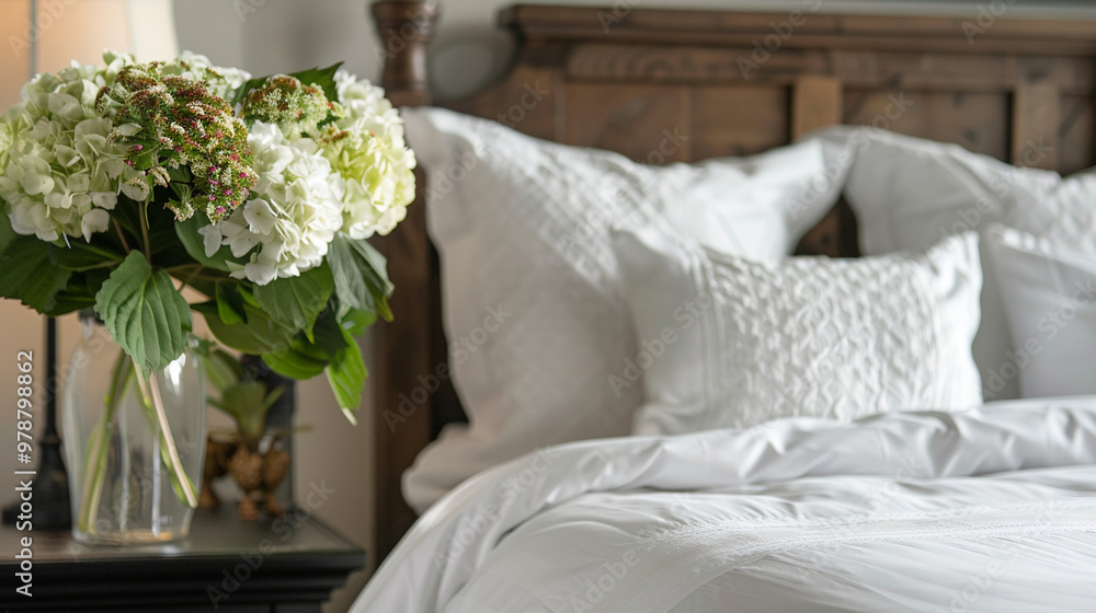 A medium close-up of a guest room featuring a welcoming bed with crisp white linens and a vase of fresh flowers on a bedside table. A medium close-up of a guest room featuring a welcoming bed with crisp white linens and a vase of fresh flowers on a bedside table.