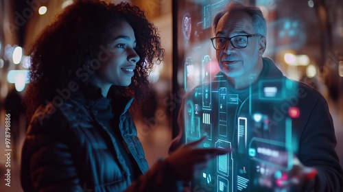 A woman excitedly points at a futuristic smartphone as a man looks on, intrigued in a glowing city.