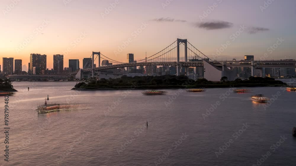 4k time lapse of dramatric sunset scene at Tokyo rainbow bridge. Tilt up 4k time lapse of dramatric sunset scene at Tokyo rainbow bridge. Tilt up