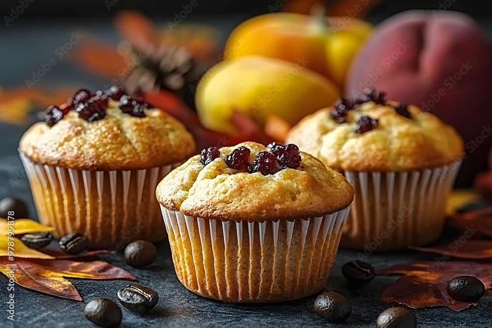 Autumn-inspired muffins with dried cranberries surrounded by seasonal fruits and leaves Autumn-inspired muffins with dried cranberries surrounded by seasonal fruits and leaves