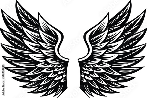 Eagle wings silhouette vector art illustration, tattoo drawing, flying angle wing, feather outline vector, concept art design,