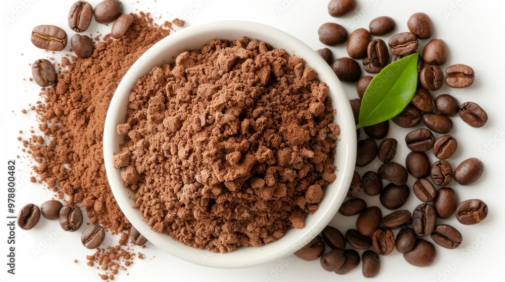 Top view of a bowl filled with ground coffee and coffee beans isolated on a white background Top view of a bowl filled with ground coffee and coffee beans isolated on a white background