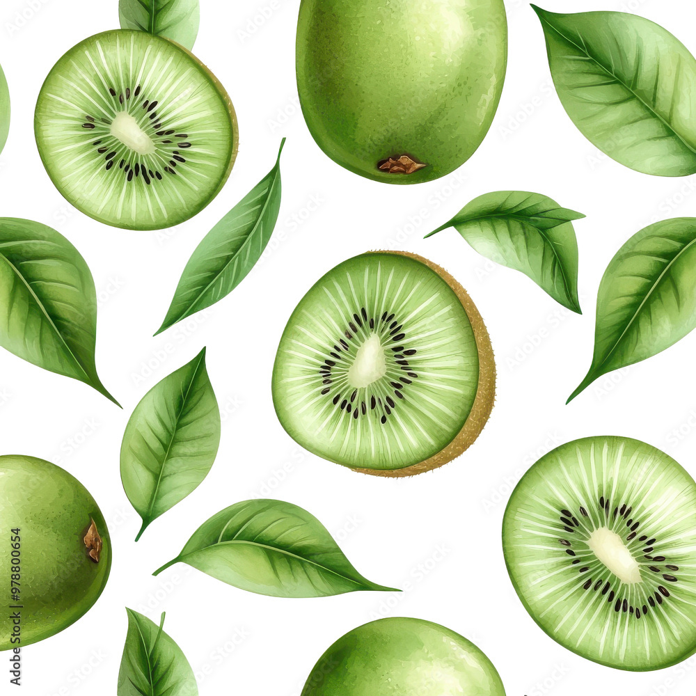 Fototapeta premium Watercolor seamless pattern of kiwi fruits, isolated on a white background. png