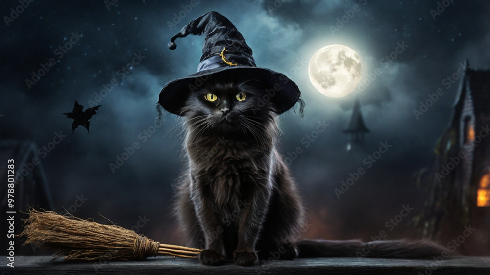 Fototapeta premium Black cat wearing witch hat with full moon in the background, Halloween or Friday the 13th concept.