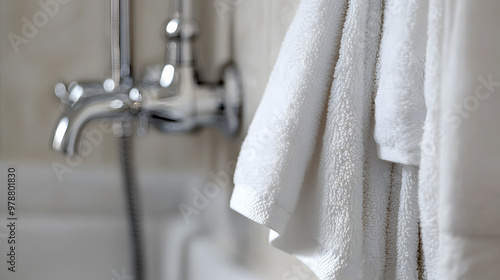 close-up of soft towels hanging in a bathroom, with the air filled with a light floral fragrance