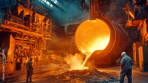 Molten iron flows from huge cauldrons into waiting molds as skilled workers manage the intense heat in this active steel foundry environment