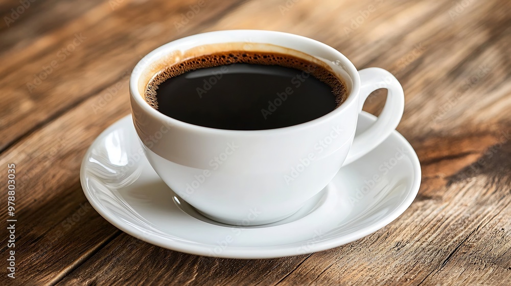 Fresh Black Coffee in a White Ceramic Cup on a Saucer on a Wooden Table : Generative AI Fresh Black Coffee in a White Ceramic Cup on a Saucer on a Wooden Table : Generative AI