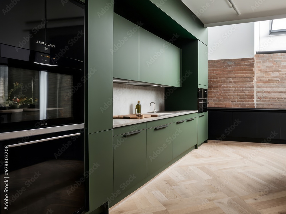 Modern Kitchen with Green Cabinets and Exposed Brick Wall Modern Kitchen with Green Cabinets and Exposed Brick Wall