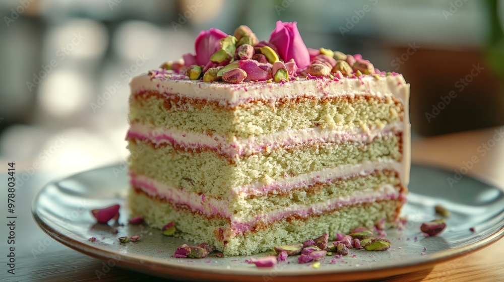 Pistachio and Rosewater Cake Slice Pistachio and Rosewater Cake Slice