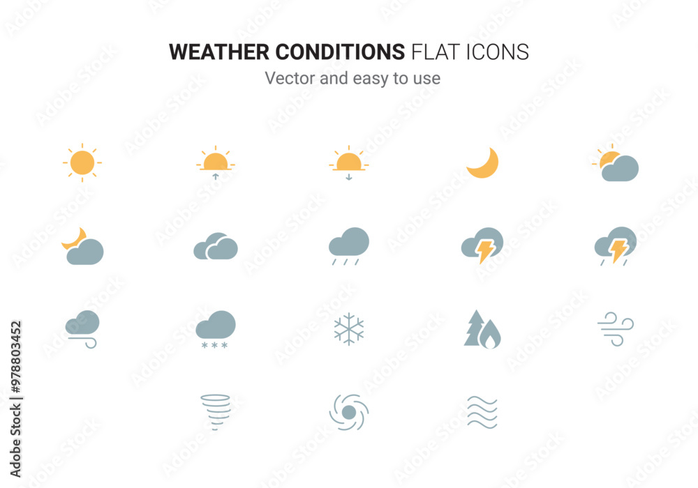 Fototapeta premium Weather Conditions Flat Icon Set