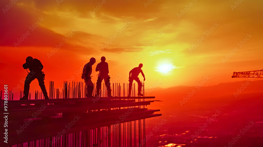 Fototapeta premium Construction workers are captured in mid-action, silhouetted against a vibrant sunset, showcasing their determination and skill on a towering steel structure